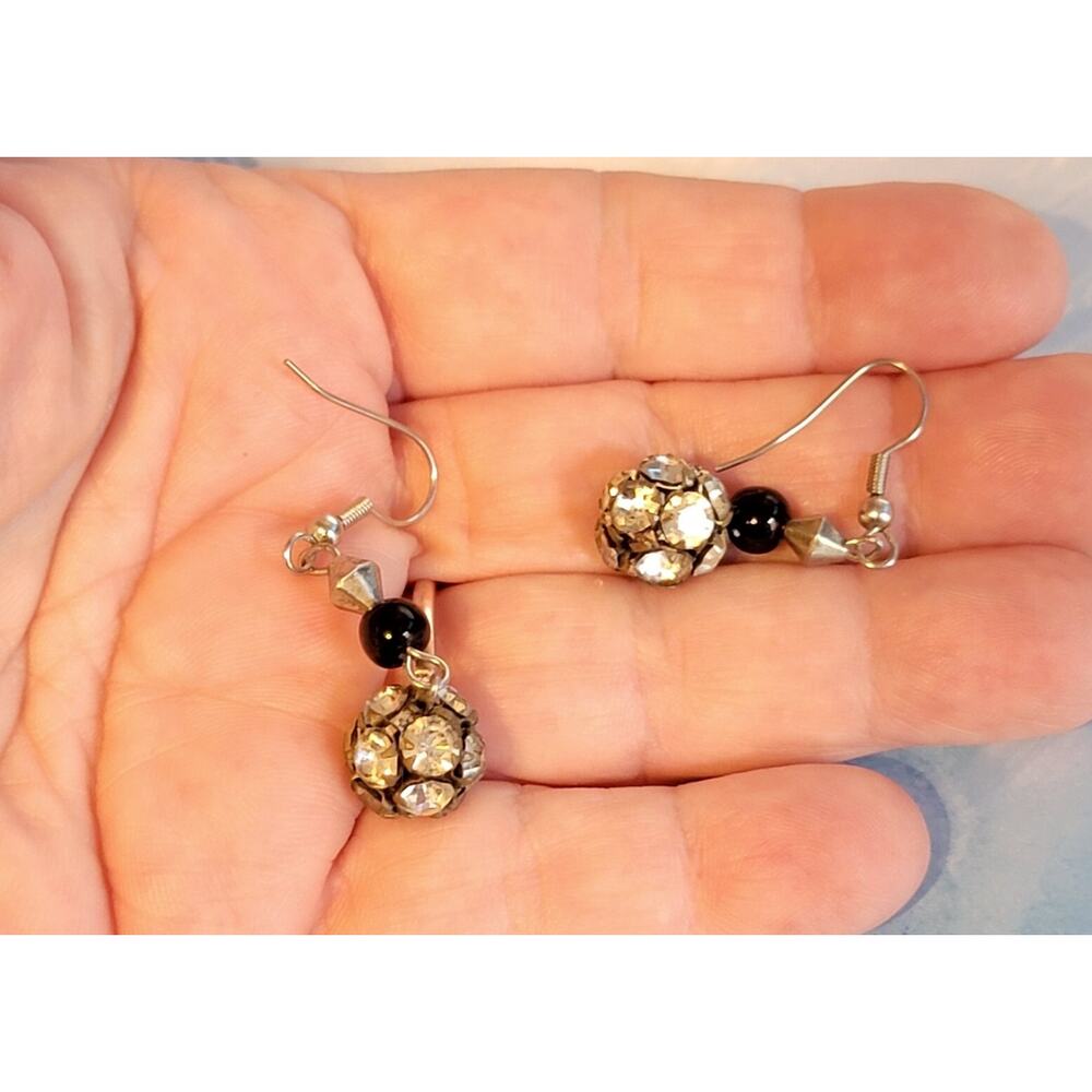 Vintage Black & White Rhinestone Dangle Pierced Earrings 2" Long‎ Lucite kp-24 - Picture 5 of 6